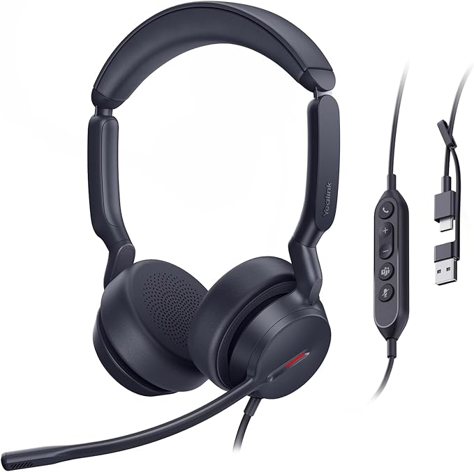Yealink UH44 Teams Certified USB Wired Headset with 2 Noise Cancelling Mics,Stereo Sound for PC,Laptop,Teams,Zoom,Call Center,Home Office,Inline Controls,Comfort Ear Cushions,USB-C/A,Busylight-Black