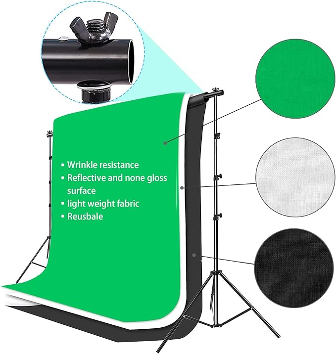 Photo Video Studio 10 x 8.5ft Stand with Muslin Backdrop (Green/White/Black) & 85W 5500K Led Bulb & Umbrella Lighting Kit Photography Background Support System Kit,Clamp, Carry Bag