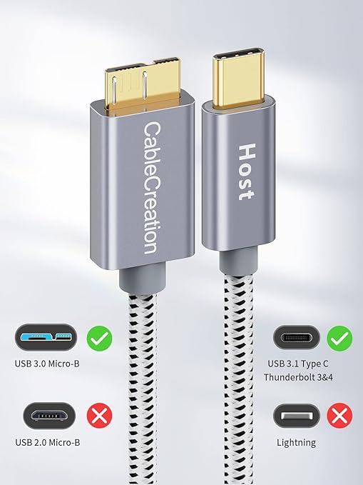 CableCreation 2FT USB C to Micro B Cable,10Gbps Speed External Hard Drive Braided,USB 3.1 Type C to Micro B Work for iPhone 15 Series,Seagate WD Westgate My Passport,MacBook Pro/Air, iPad/Tablet,Grey