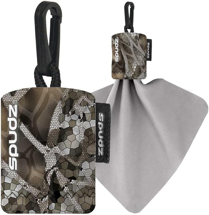SPUDZ Classic Microfiber Lens Cleaner – Clip-On Pouch, Washable – for Binoculars, Scopes, Glasses, Screens | Vanish Tan, 6 x 6 Inch