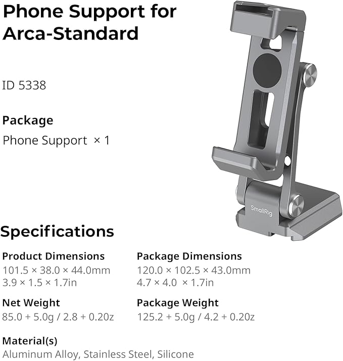 SMALLRIG Metal Phone Mount with Baseplate for Arca-Swiss,Compatible for DJI RS 4 Mini & RS 3 Mini, Cell Phone Mount Adapter Support Free Adjustment Joints, Phone Tripod Mount for iPhone 16 15-5338