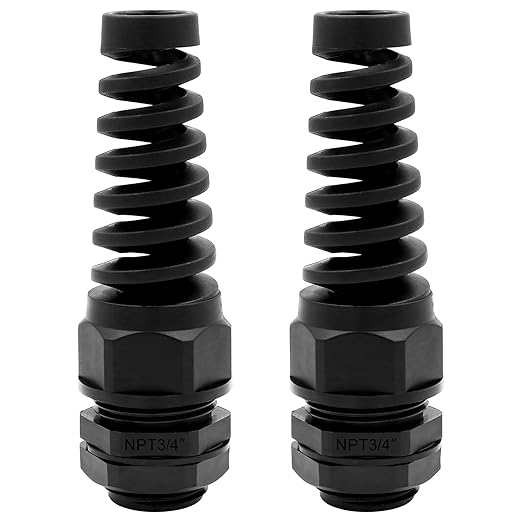Strain Relief Cord Connector,LISTENJIALE 2Pcs NPT 3/4" Waterproof Cable Gland Flex Spiral Strain Relief Adjustable 12.5-18mm Cable Connector Nylon Joint with Gaskets(Black)