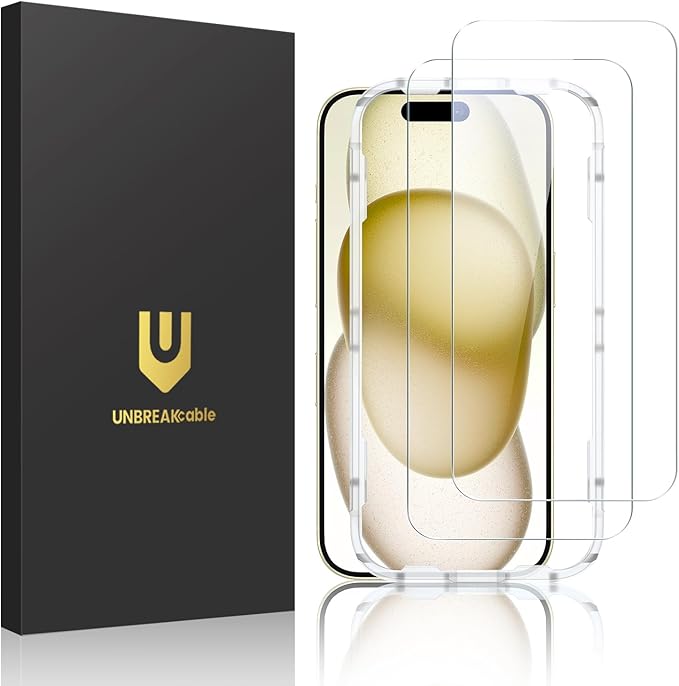 UNBREAKcable 2-Pack Screen Protector for iPhone 16 / iPhone 15, Double Shatterproof Tempered Glass [Easy Installation] [9H Hardness] [99.99% HD Clear] [Case Friendly] for iPhone 6.1 inch