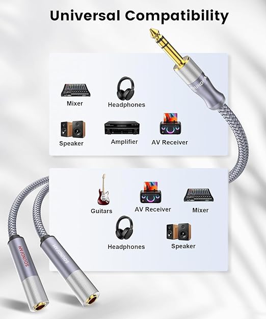 Microphone Splitter 2 Feet/60CM TRS 1/4 inch Splitter 1 Male to 2 Female, 6.35mm Stereo Male Plug to Dual 6.35mm Female-Grey (1PACK)