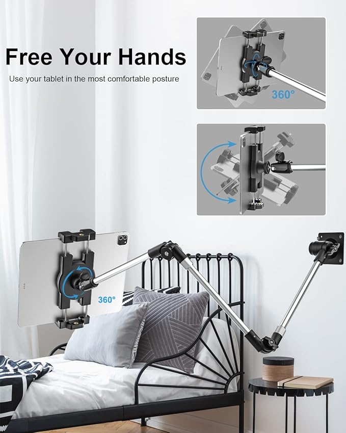 Tablet Wall Mount, 35" Aluminum Alloy Foldable Arm, 360 Degree Angle Adjustable for Kitchen/Desk, Compatible with 4.7-13" Tablet Like iPad Pro, Air, Mini, iPhone, Galaxy, Fire, Switch, Camera, Webcam