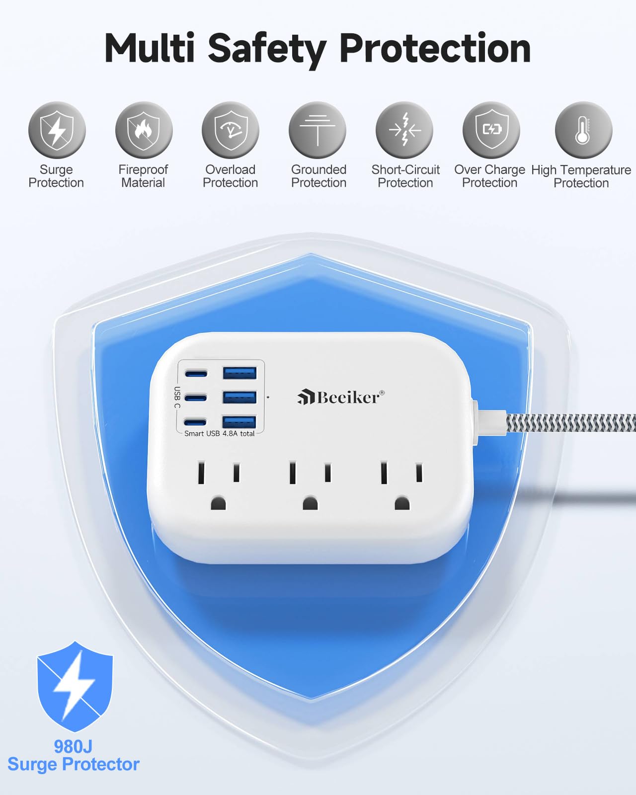 Beeiker Short Extension Cord 1 Ft,6 USB (3 USB C) Power Strip,3 Outlets