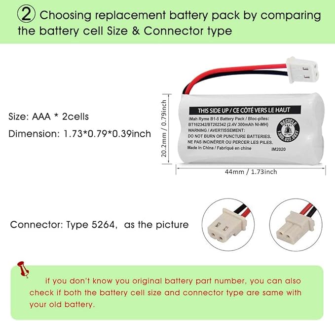 iMah BT162342/BT262342 2.4V 300mAh Ni-MH Cordless Phone Battery Pack, Also Compatible with BT183342/BT283342 AT&T BL102-3 EL52351 TL90070 VTech CS5119 DS6511 DS6722 LS6305 Handset, 3-Pack