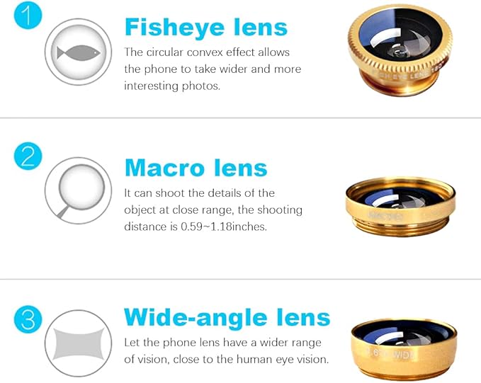 3 in 1 Cell Phone Camera Lens Kit Wide Angle Macro Fisheye Lens Universal for Smart Phones iPhone Samsung Android(Gold)