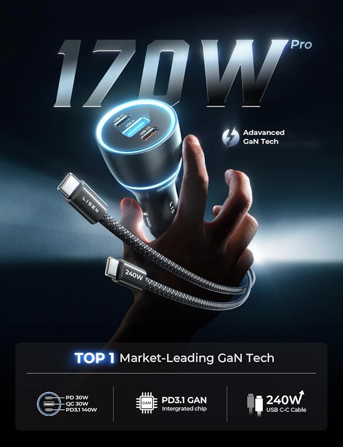 LISEN 170W Car Charger USB C Fast Charging for iPhone 16 Pro Max GaN PD3.1 140W+PD30W Cigarette Lighter Adapter Super Fast Car Charger Type C for Laptop Samsung Galaxy S25 Ultra MacBook Pro iPad Drone