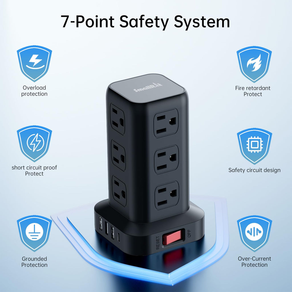 Extension Cord with Multiple Outlets, SMALLRT Power Strip Tower with USB Ports 12 AC Outlets, PD 20W USB C, 15FT Outlet Extender for Home Dorm, Office Supplies, Overload Protection