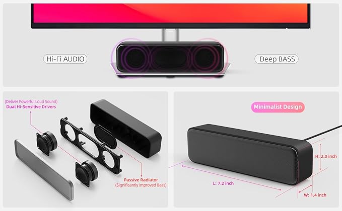 Computer Speakers for Desktop PC, External Speakers for Laptop, Mini Computer Soundbar for PC, Wired USB Plug in Speakers with Loud Sound, Deep Bass, Wide Compatibility – Bult-in USB C to USB Adapter