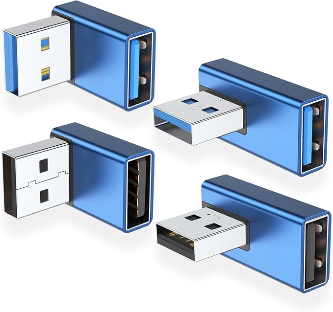 AreMe 90 Degree USB 3.0 Adapter 4 Pack, Up and Down Angle, Left and Right Angle USB A Male to Female Converter Extender for PC, Laptop, USB A Charger, Power Bank and More (Blue)