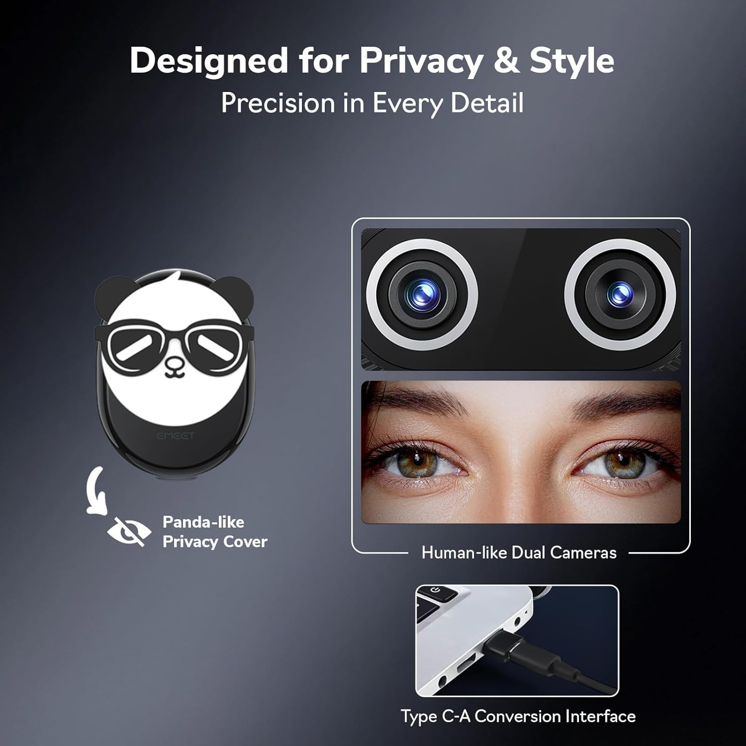EMEET Piko+ (Piko Plus), World’s 1st Dual-Camera AI-Powered 4K Webcam, 1/2.55'' Sony Sensor, 3 Mics&3 Sound Modes, Panda Magnetic Privacy Cover, USB C-C&C-A, Ideal for Livestreamers