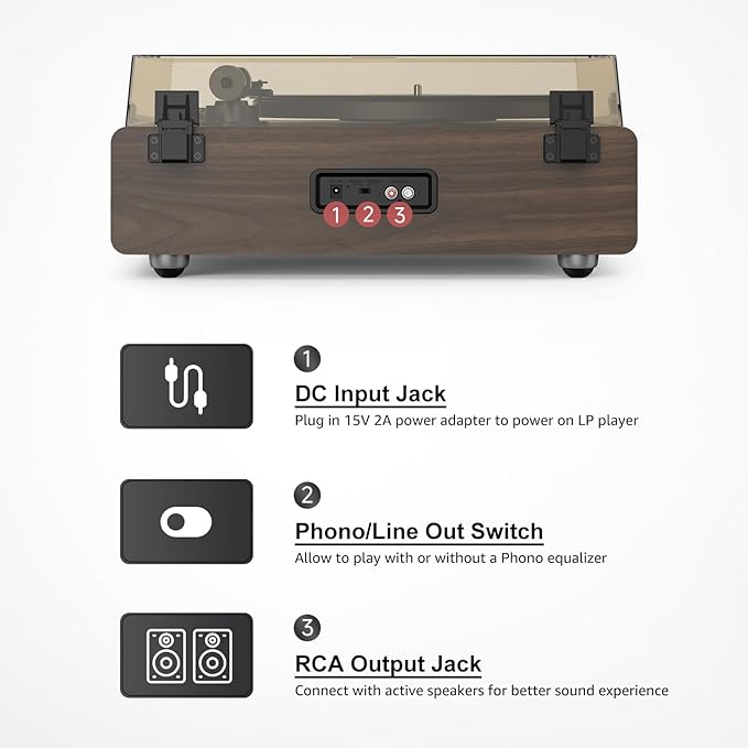 Vinyl Record Player Built in HiFi Stereo Speakers BT Wireless Input Belt Drive Iron Platter Turntables for Vinyls Records with MM Audio AT-3600L Cartridge Soft Warm Light Design Wooden Cream Brown
