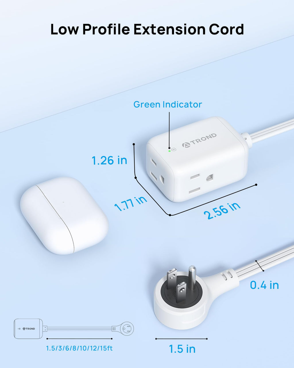 TROND Rotating Flat Plug Extension Cord Surge Protector 15ft, 3 AC, White
