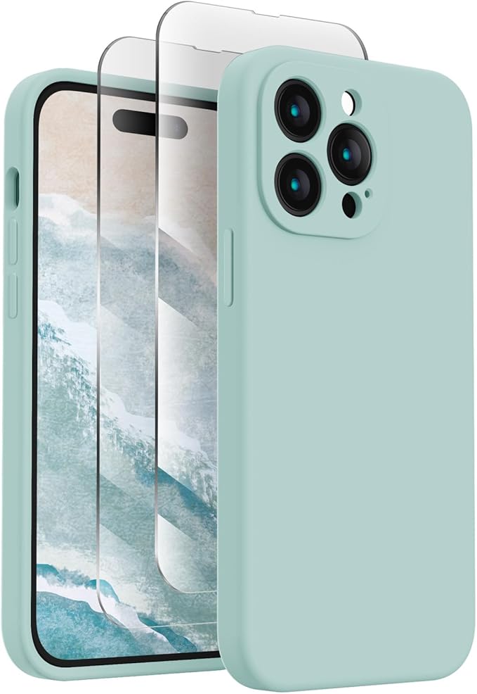 FireNova for iPhone 14 Pro Case, Silicone Upgraded [Camera Protection] Phone Case with [2 Screen Protectors], Soft Anti-Scratch Microfiber Lining Inside, 6.1 inch, Mint Green