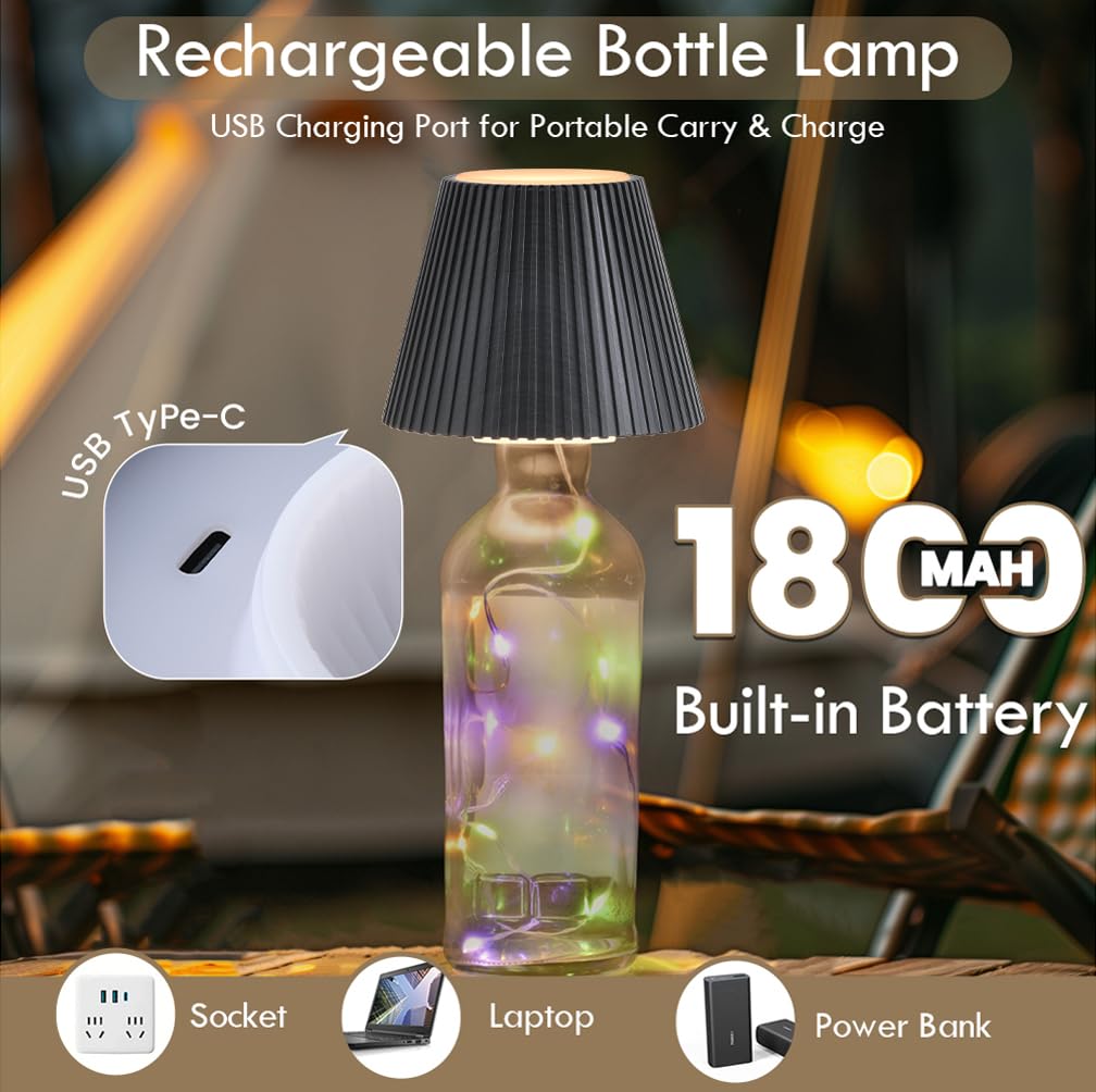 WILIT Wireless Bottle Lamp for Liquor Bottles, 3-Level Brightness LED Night Lights, Wine Lamp for Home Decor, Unique Table Lamp with RGB Lights, Rechargeable Bottle Lights for Bedroom, Black