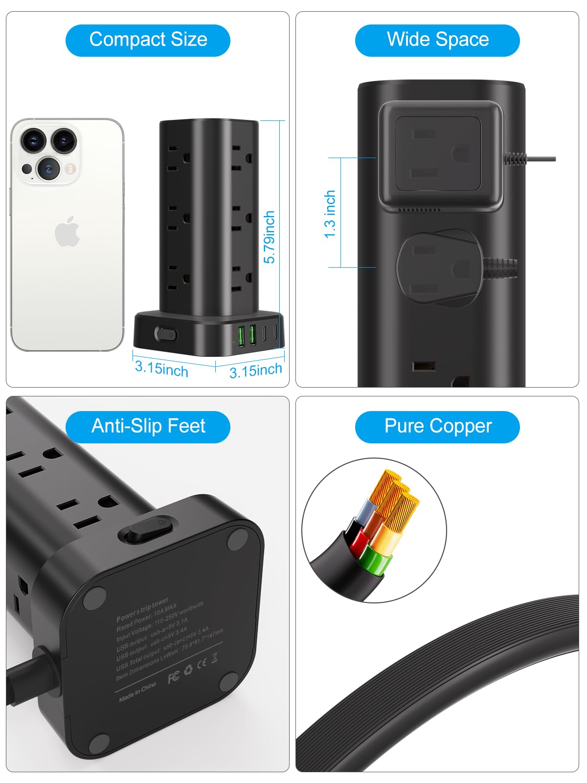 Power Strip Tower with Multiple Outlets, Flat Plug Surge Protector Tower Extension Cord with 12 AC Outlets 4 USB Ports (2 USB C), 6FT Cord Power Tower Surge Protector for Home Office Dorm Room, Black