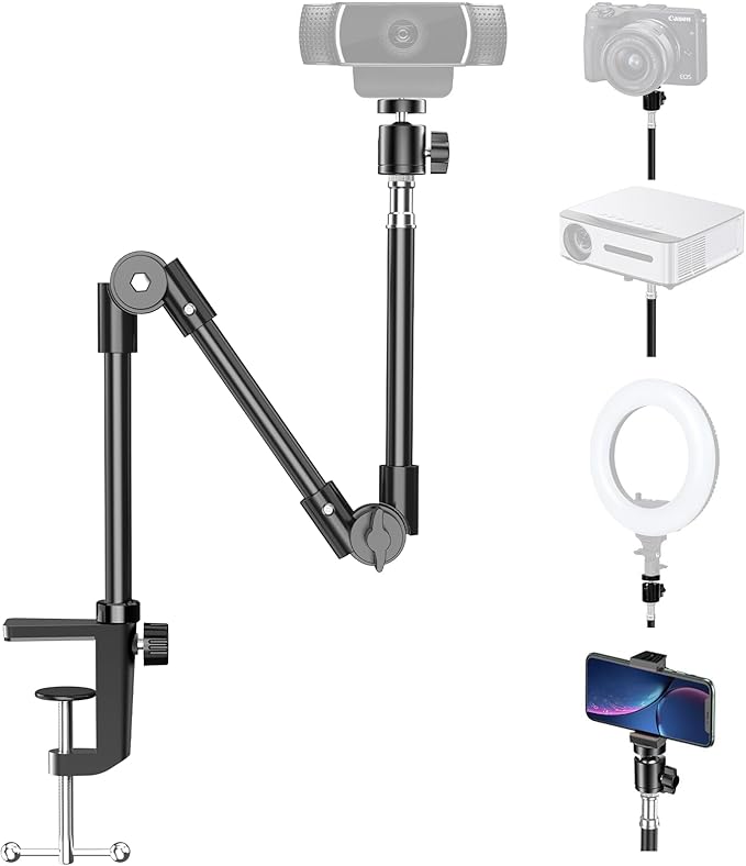KDD Webcam Stand Camera Mount with Phone Holder, 22 Inch Foldable Flexible Gooseneck Cell Phone Clamp & Table Projector Mount, for Logitech C922 C930e C920S C920 C960 Brio 4K, Gopro Hero 8 7 6 5