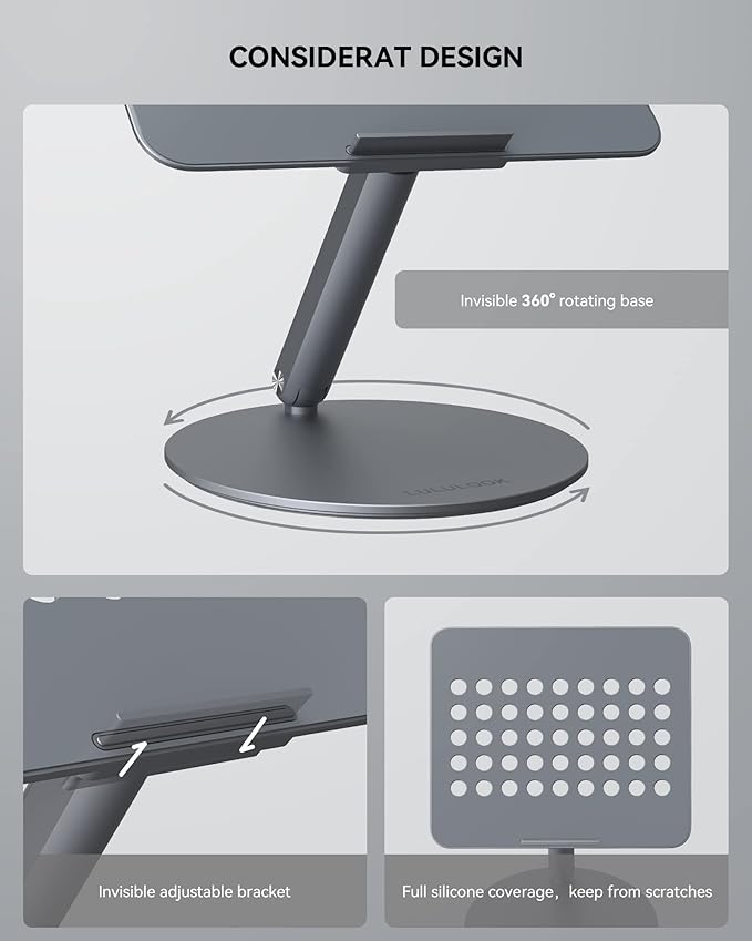 LULULOOK Laptop Stand for Desk 2025, 360 Rotating Adjustable Laptop Riser, Upgraded Foldable Full Aluminum Alloy Computer Stand for MacBook Pro/Air, Dell, HP, Lenovo and Other 10-17inch Laptops