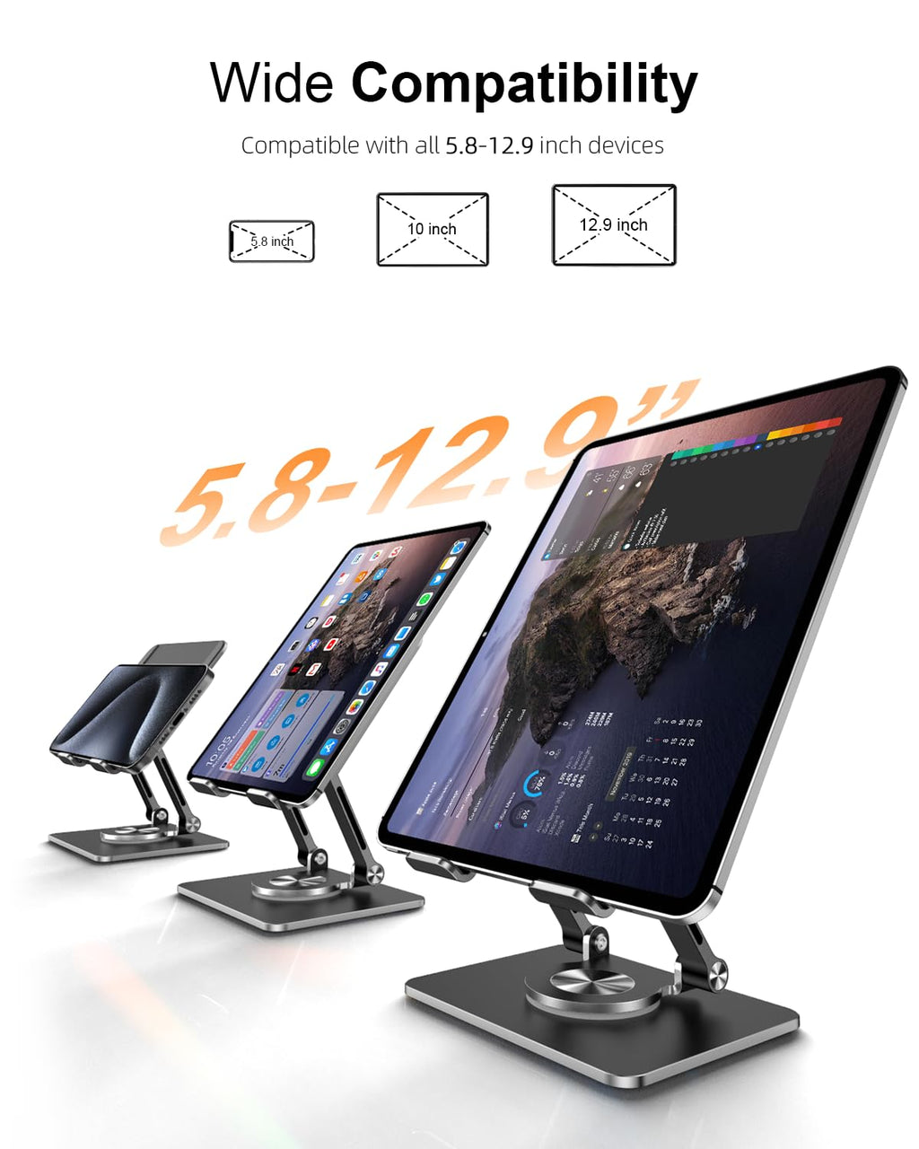 Orlian Tablet Stand Holder with Thickened 360°Rotating Base Dual Rod Adjustable 5.8-12.9”Aluminum Stand