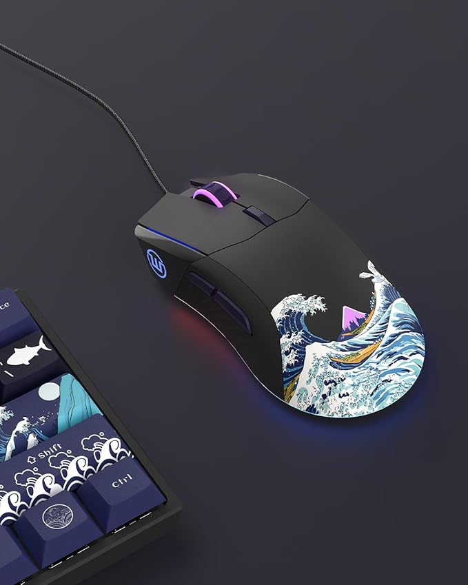 COSTOM Womier G705 USB Wired Gaming Mouse for PC Computer Windows Mac Laptop, Lightweight Silent RGB Backlit Mouse with Adjustable 12000DPI/7 Programmable Side Buttons,Black Kanagawa Theme