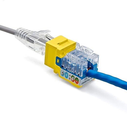 trueCABLE Cat5e Keystone Jack, Unshielded (UTP), 90 Degree Punch-Down, PoE++ (4PPoE) 100W, UL Listed, ETL Verified, ANSI/TIA Certified, Modular RJ45 Female, Yellow, 12 Pack