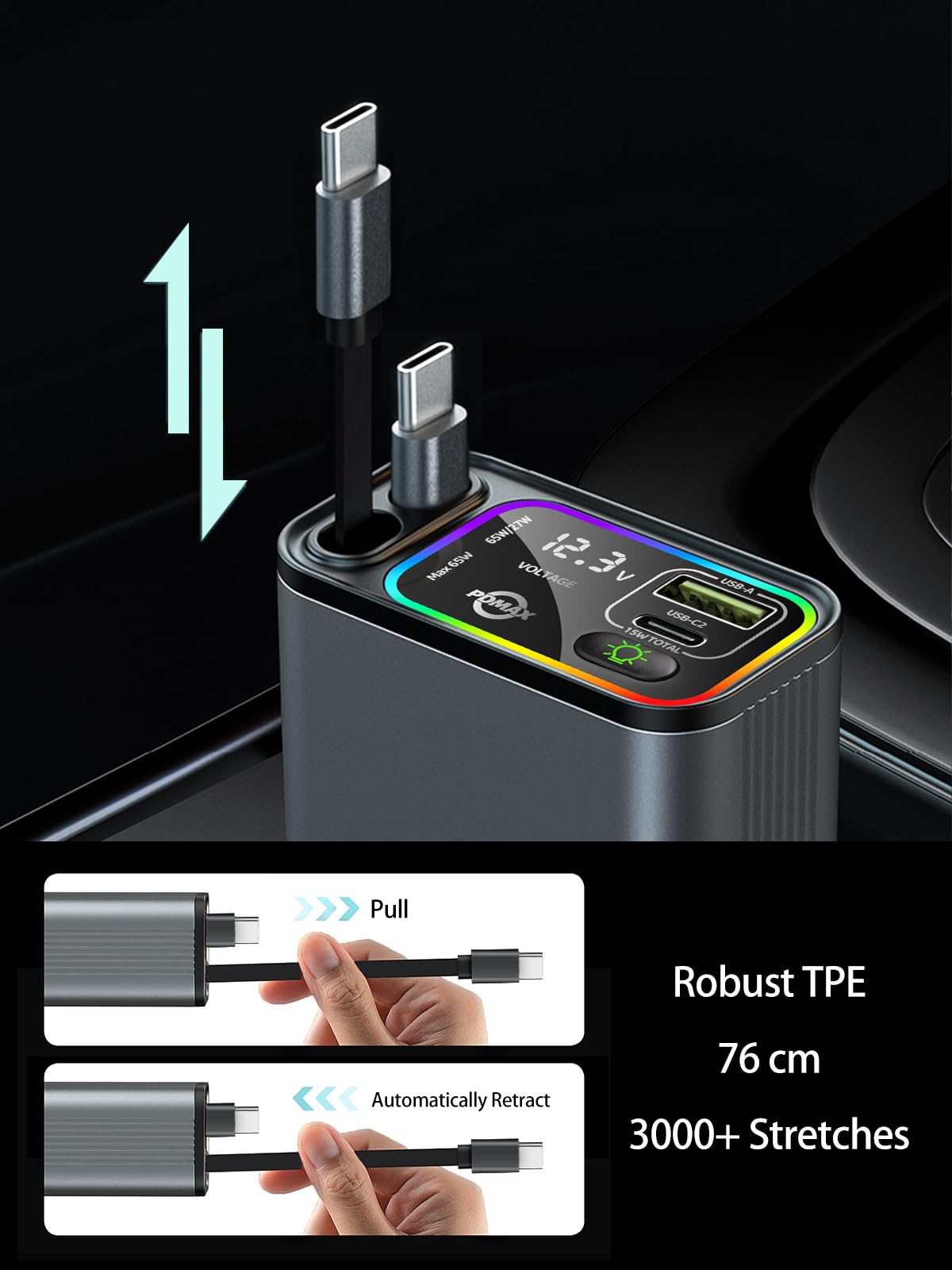 Retractable Car Charger USB C, 145W Max, Dual Cables, Voltage Display & LED