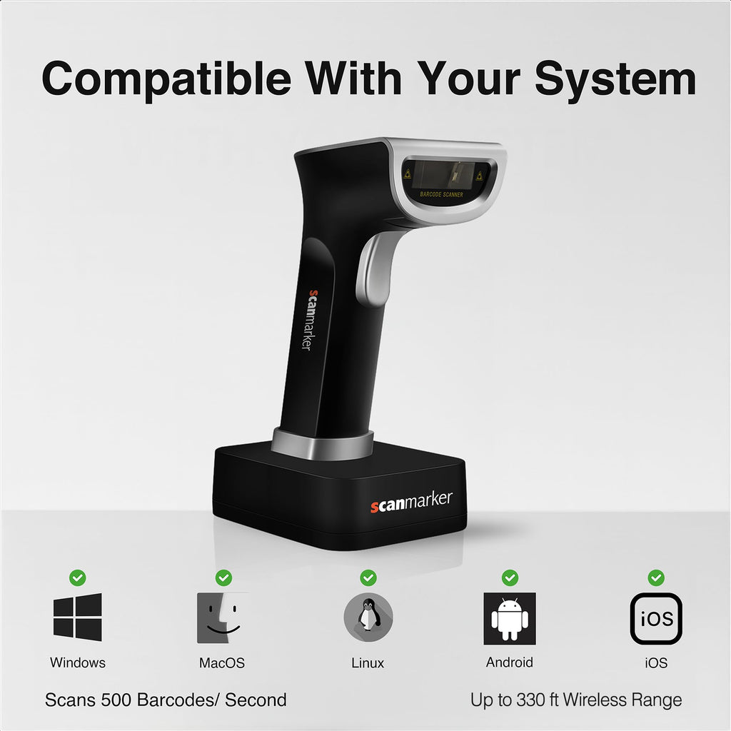 Scanmarker 1D/2D Barcode Scanner Wireless – Boost Speed & Accuracy with Bluetooth Barcode Scanner & 2.4G Modes – Handheld QR & Wireless Barcode Scanner with Charging Stand for Laptop, iOS & Android
