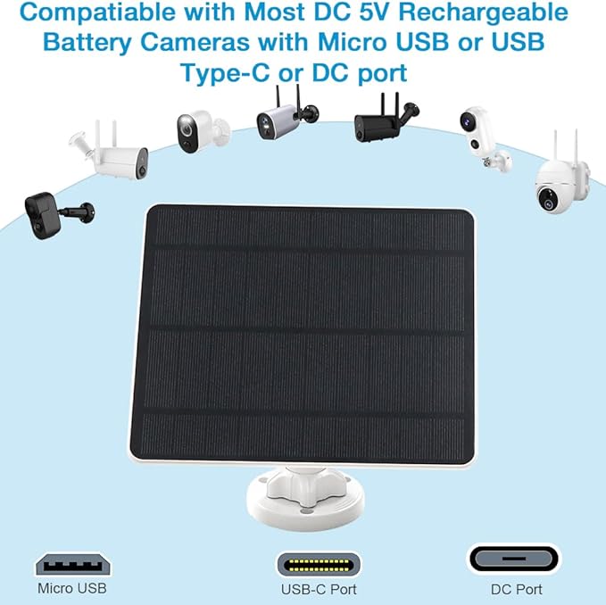 Solar Panel for Security Camera,5W USB Solar Panel for Cameras DC 5V,Camera Solar Panel Charger Micro USB & USB-C & DC,IP65 Waterproof USB Solar Panel Charger for Camera with 360°Adjustable Mounting