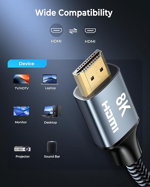 8K HDMI Cable 1ft, 48Gbps High Speed HDMI 2.1 Cable, HDMI Cord 8K@60Hz 4K@120Hz Support for HDR eARC HDCP 2.2&2.3, HDMI Cable 2.1 Compatible with HDTV, Laptop, Monitor, PC