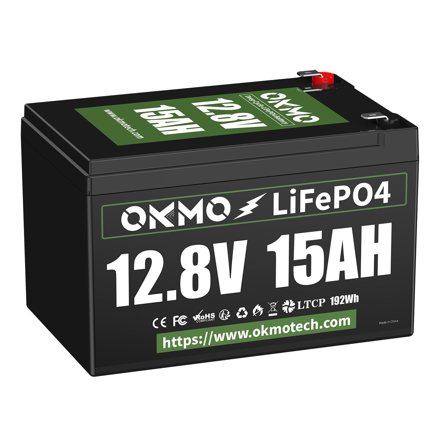 OKMO 12V 15Ah LiFePO4 Lithium Battery 12.8V, 15000+ Deep Cycles rechargeable for Lighting, Kayak Fish Finder, Radio, Backup Power and More