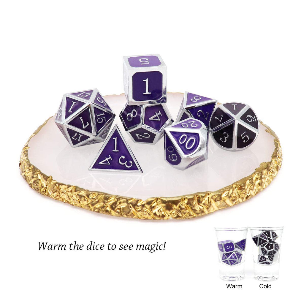 Haxtec Color Changing Metal DND Dice Set Silver Black Purple Color Shifting D&D Dice with Leather Dice Bag Compatible with Dungeons and Dragons TTRPG DND Gift