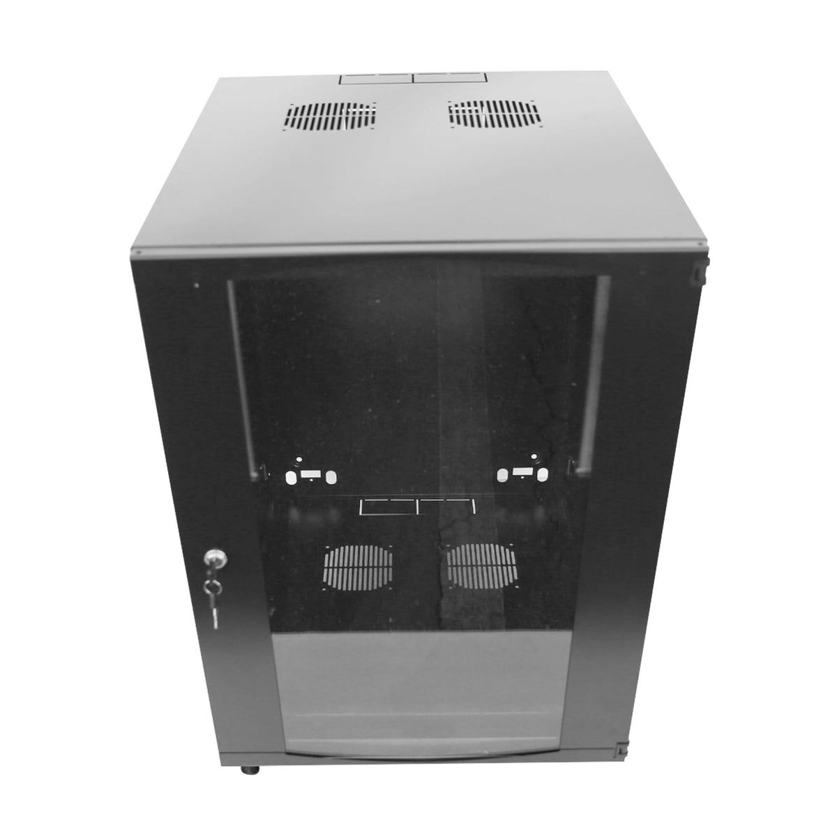 GlobalRack 9U Wall Mount Cabinet, Glass Door, Locking Casters, 2 Fans