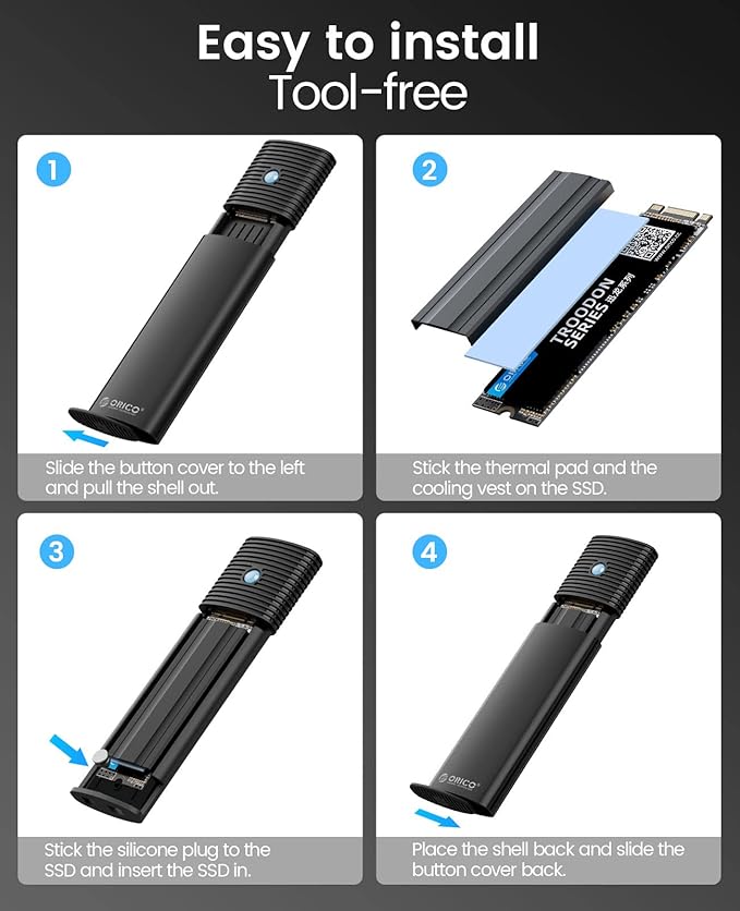 ORICO M.2 NVMe SATA SSD Enclosure Adapter Tool-Free, USB C 3.2 Gen 2 10Gbps NVMe, 5Gbps NGFF SATA PCIe M-Key(B+M Key) 2230/2242/2260/2280, Aluminum External M2 Reader Support UASP Trim- PWDM2-BK