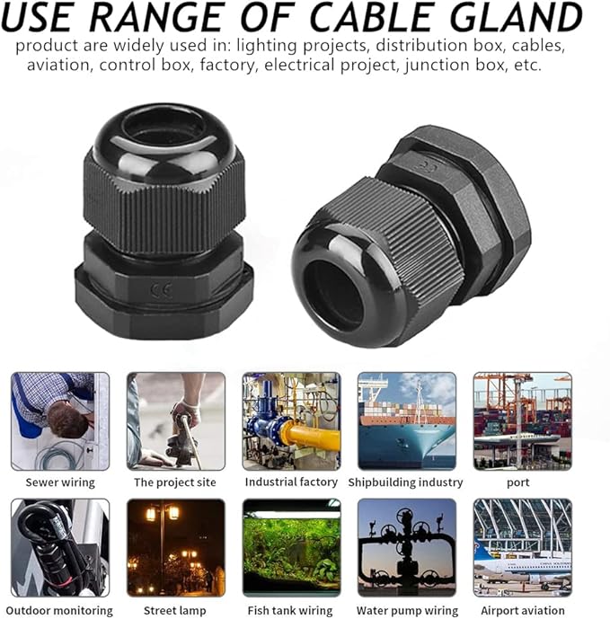 PENGLIN Cable Glands NPT Nylon Cable Connector, Strain Relief Cord Connector, IP68 Waterproof Adjustable Locknut(1/4" 1/2" 3/4" 1" Glands Combo(16-Pack))