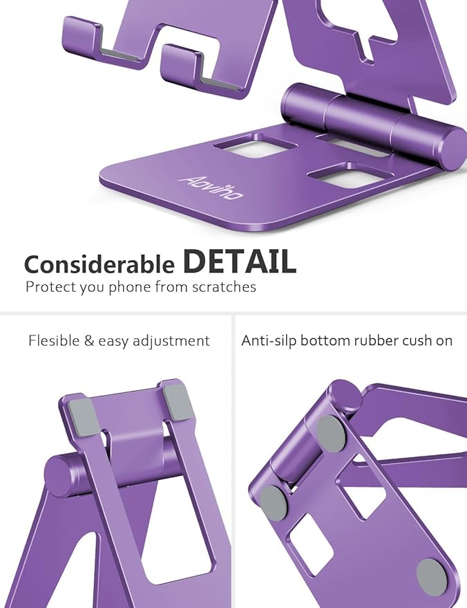 Cell Phone Stand for Desk, Adjustable Desktop Phone Holder Stand, Foldable Moblie Phone Dock for iPhone 15 14 13 12 11 Pro Xs Max Xr X 8 7 6 5 5s SE Nintendo Switch All Phones, Purple