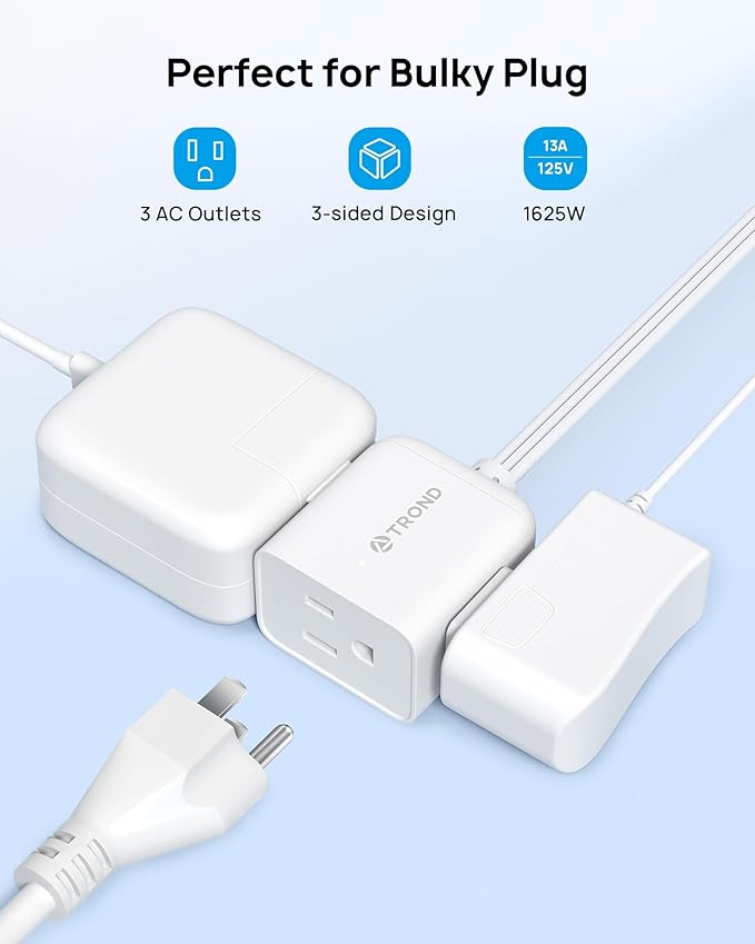 TROND Short Extension Cord 1.5ft with 360° Rotating Flat Plug, Low Profile Small Power Strip, Three Prong 3 Way Grounded Outlets, 13A, SPT 16/3 AWG Cable for Indoor Home Office Cruise Travel, White