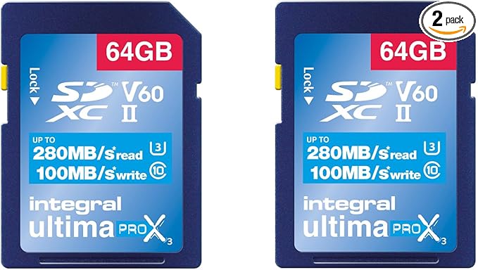Integral 64GB 2-Pack UHS-II SD Card V60 Up to 280MBs Read and 100MBs Write Speed 1733X SDXC Professional High Speed Memory Card