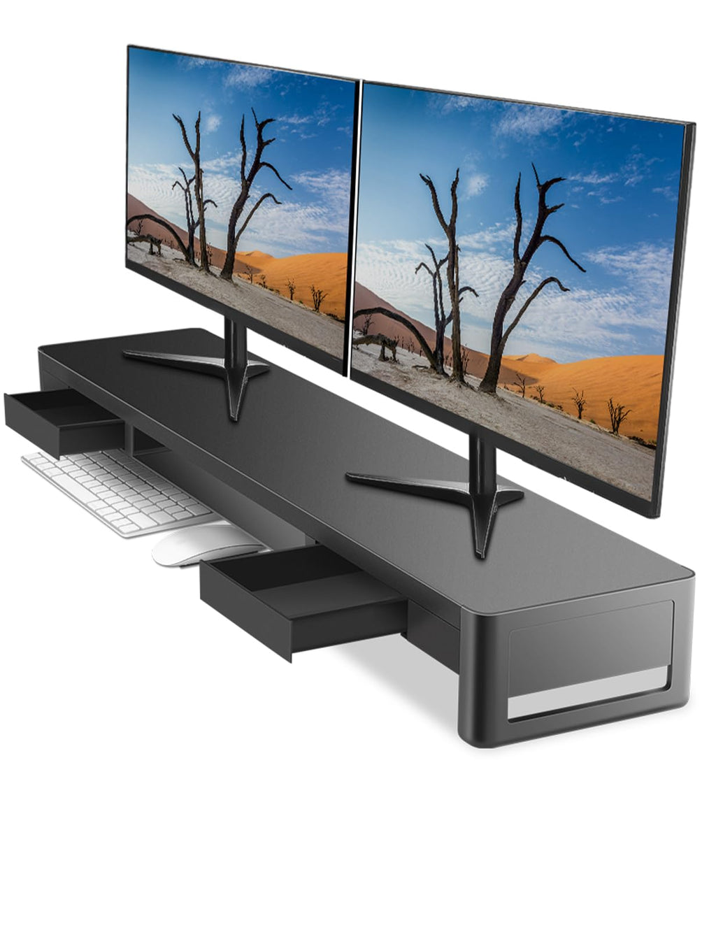meatanty Dual Monitor Stand Riser with 2 Storage Drawers, Metal Computer Monitor Stand Monitor Shelf with Pull Out Drawer, Keyboard and Mouse Storage Desktop Organizer for PC,Laptop,iMac,TV,Printer