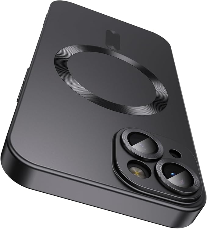Magnetic for iPhone 14 Case [Compatible with MagSafe][Built-in Camera Lens Protector] Slim Soft Silicone Bumper Shockproof Metallic Luster Phone Case (Black)