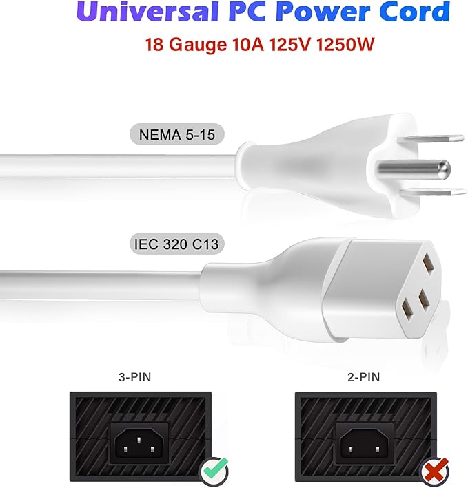 Adoreen 15 Ft Computer TV Replacement Power Cord White, 18AWG 3-Prong AC Universal Power Supply Cable NEMA 5-15P to IEC 320 C13 for Printer, PC, Monitor TV LCD, ETL+Ties