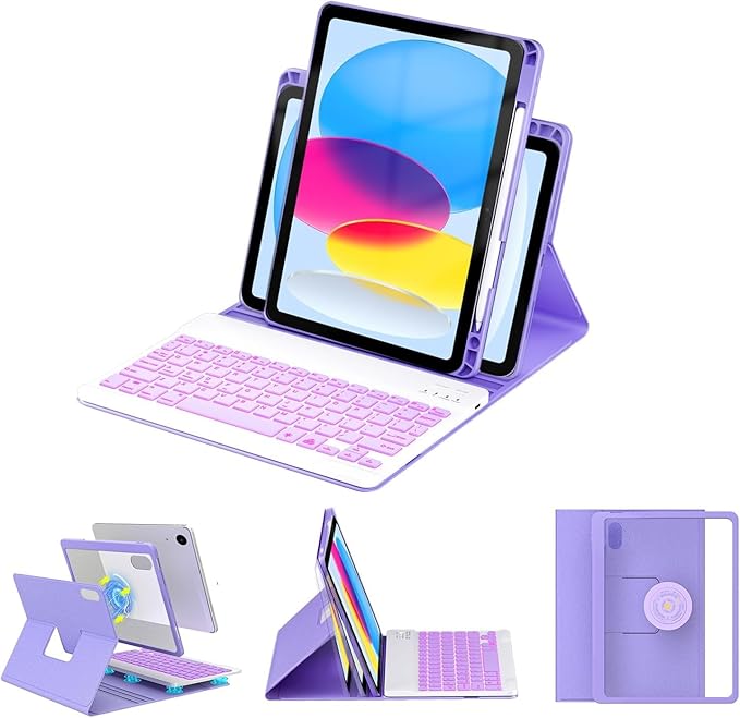 BLUTLOTUS for iPad 11th (A16) 10th Generation Case with Keyboard (2025/2022) - 360° Rotatable Magnetic Folio Cover, 7 Color Backlit Detachable Keyboard with Pencil Holder (Purple)