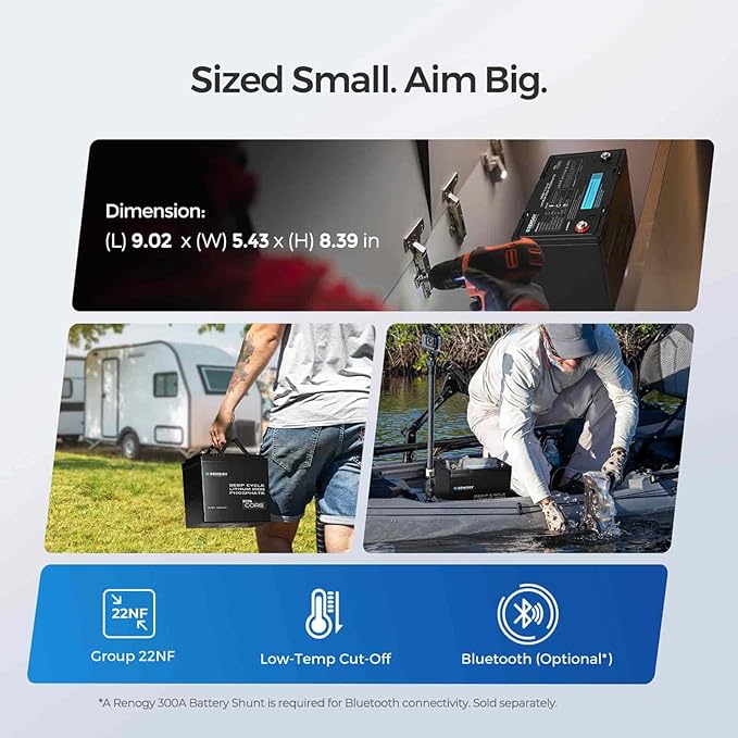 Renogy 12V 100Ah LiFePO4 Lithium Battery Mini Size, 100A BMS for Ultimate Safety, Deep Cycle w/Remote Monitoring Compatibility, Backup Power for RVs, Cabins, Marine, and Off-Grid Systems - Core Series