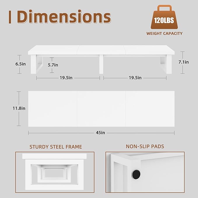 YAOHUOO 45" Large TV Riser for 32-60 inch TV, TV Riser Stand Shelf with Steel Legs, Tabletop TV Stand Riser for Home Office,White