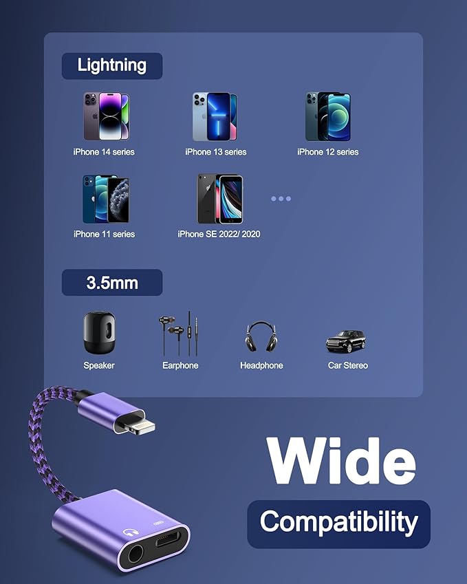iPhone Dongle Headphone and Charger 2 in 1, Lightning to 3.5mm Audio Jack + Charge Splitter [Mfi Certified] iPhone Aux Adapter Female Converter for Apple 14 Plus 13 12 11 Pro Max XR XS iPad Mini iPod