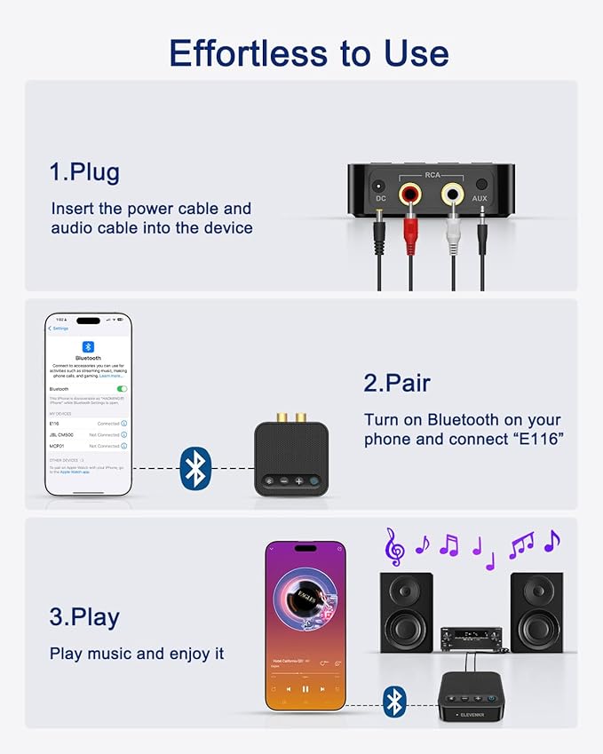 Bluetooth to RCA Adapter for Stereo Receiver - APTX HD Long Range Low Latency Bluetooth Receiver for Home Stereo Wireless Audio Adapter for Music Streaming Sound System