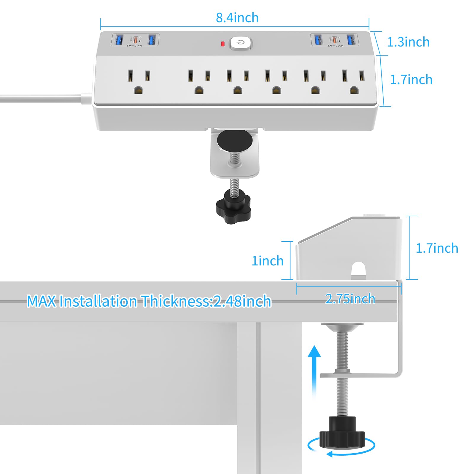 Desk Clamp Power Strip with 40W Fast Charging USB-C, JXGUCAT 10Ft Desk Mount Surge Protector with 6 Outlets 6 USB Ports, Flat Plug Extension Cord Home Office Essentials, Fit 2.48" Tabletop Edge