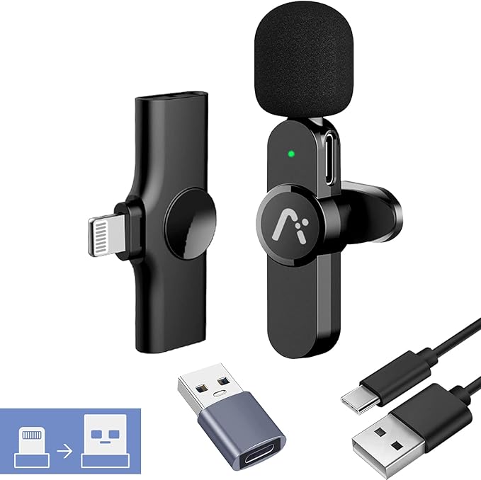 Wireless lavalire Microphone, Clip on Microphones, Hi-Fi Audio, Wireless Mic A3, for iPhone 7-14, Laptop, Zoom Meeting, Video Recording, tiktok
