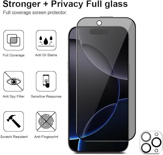 3 Pack for iPhone 16 Pro Max Privacy Screen Protector + 2 Camera Lens 9H+ Full Cover Tempered Glass Auto Alignment Kit 12FT Military Grade Shatterproof Anti Spy Longest Durable 6.9